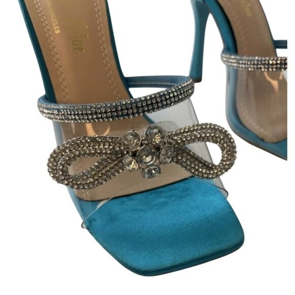 CHASE+CHLOE/ Turquoise Bow / Blue / Rhinestone / Embellished/  Heeled Sandals - Picture 2 of 8